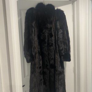 Full Length Black Lama Mink Coat with Black Fox Collar